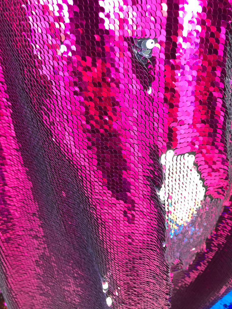 Fuchsia-silver shiny flip sequins-mermaid fish scales embroider on a 2 way stretch spandex-dresses-fashion-apparel-pillows-sold by yard.