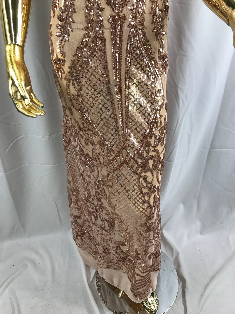 Rose gold princess design embroider with shiny sequins on a 4 way stretch power mesh-dresses-fashion-prom-nightgown-sold by the yard.