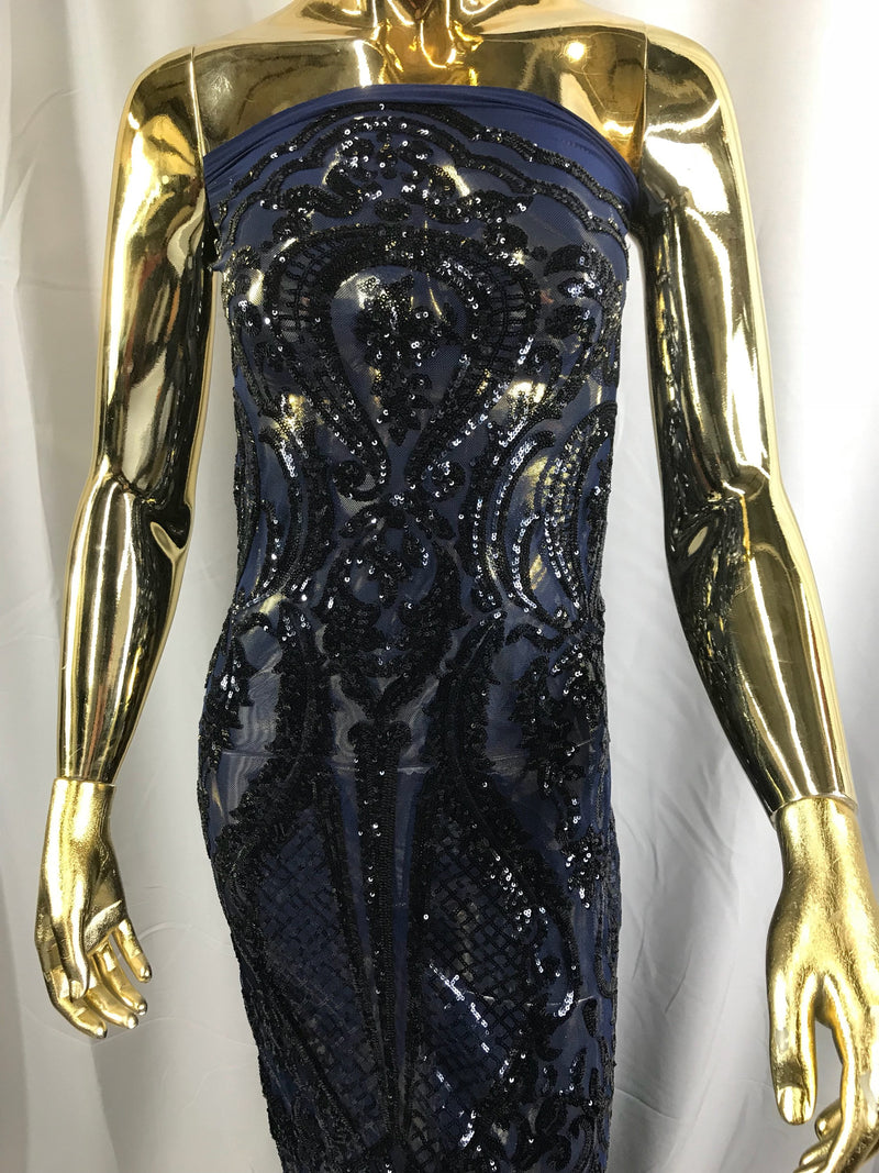 Navy blue princess design embroider with shiny sequins on a 4 way stretch power mesh-dresses-fashion-prom-nightgown-sold by the yard.