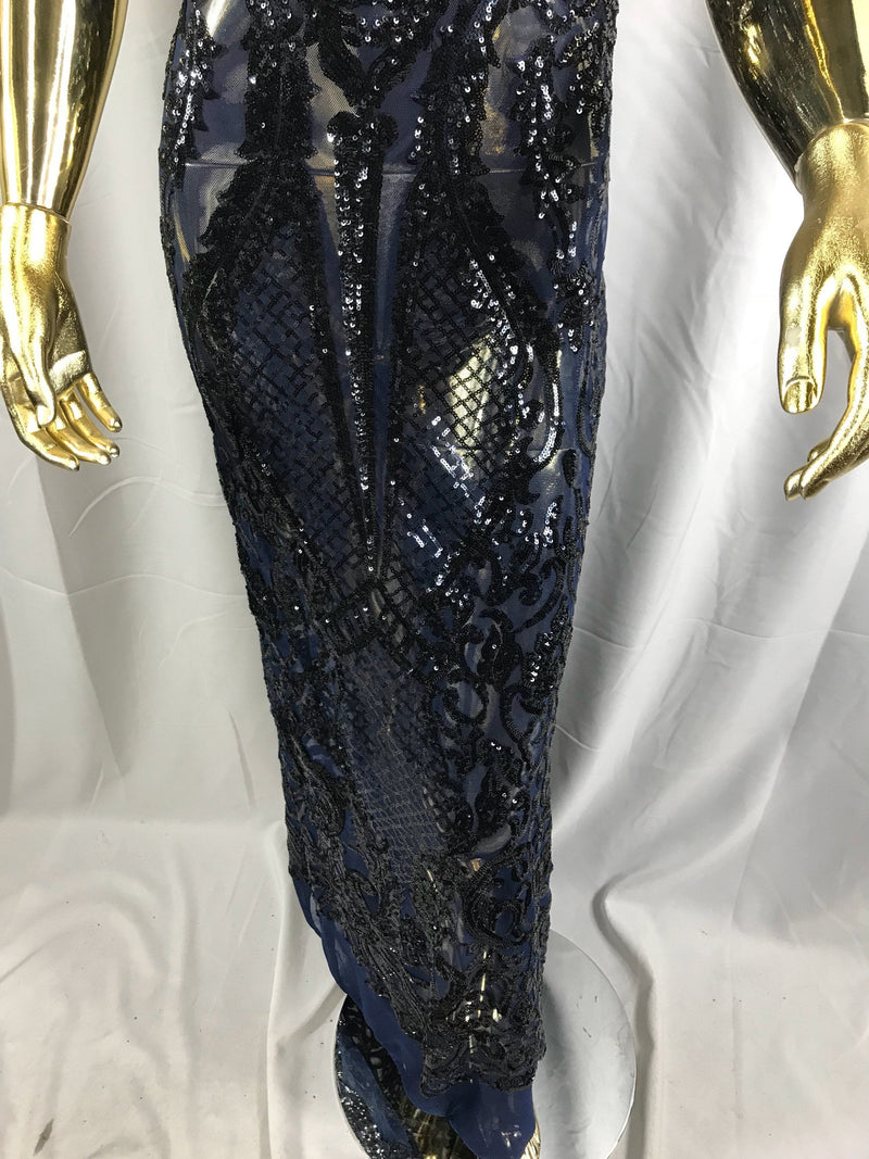 Navy blue princess design embroider with shiny sequins on a 4 way stretch power mesh-dresses-fashion-prom-nightgown-sold by the yard.