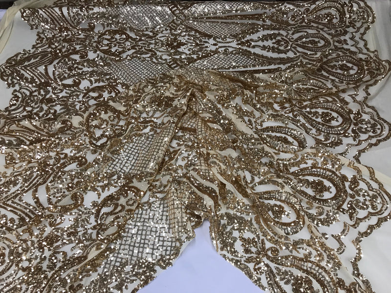 Gold princess design embroider with shiny sequins on 4 way stretch a power mesh-sold by the yard.