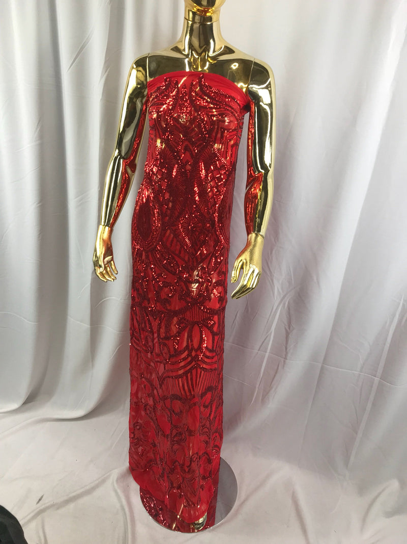 Red royalty design embroider with shiny sequins on a 4 way stretch power mesh-dresses-fashion-prom-nightgown-sold by the yard.