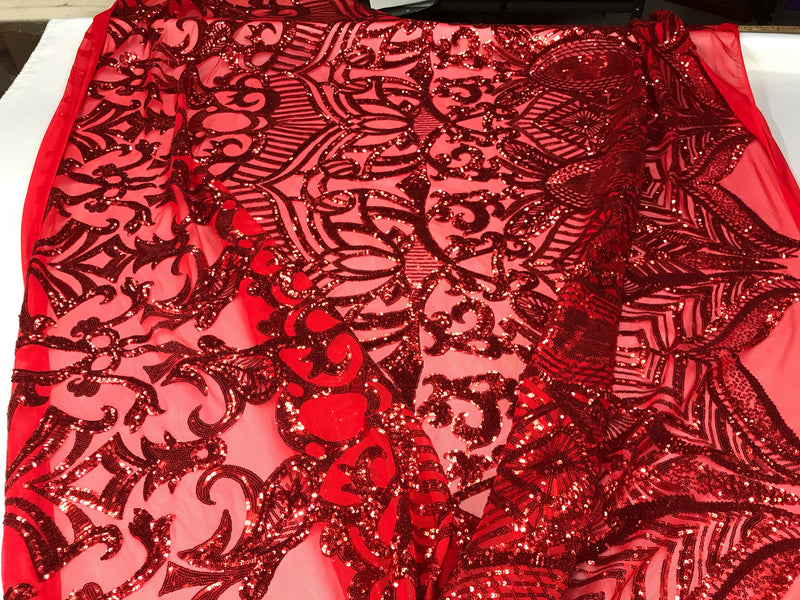 Red royalty design embroider with shiny sequins on a 4 way stretch power mesh-dresses-fashion-prom-nightgown-sold by the yard.