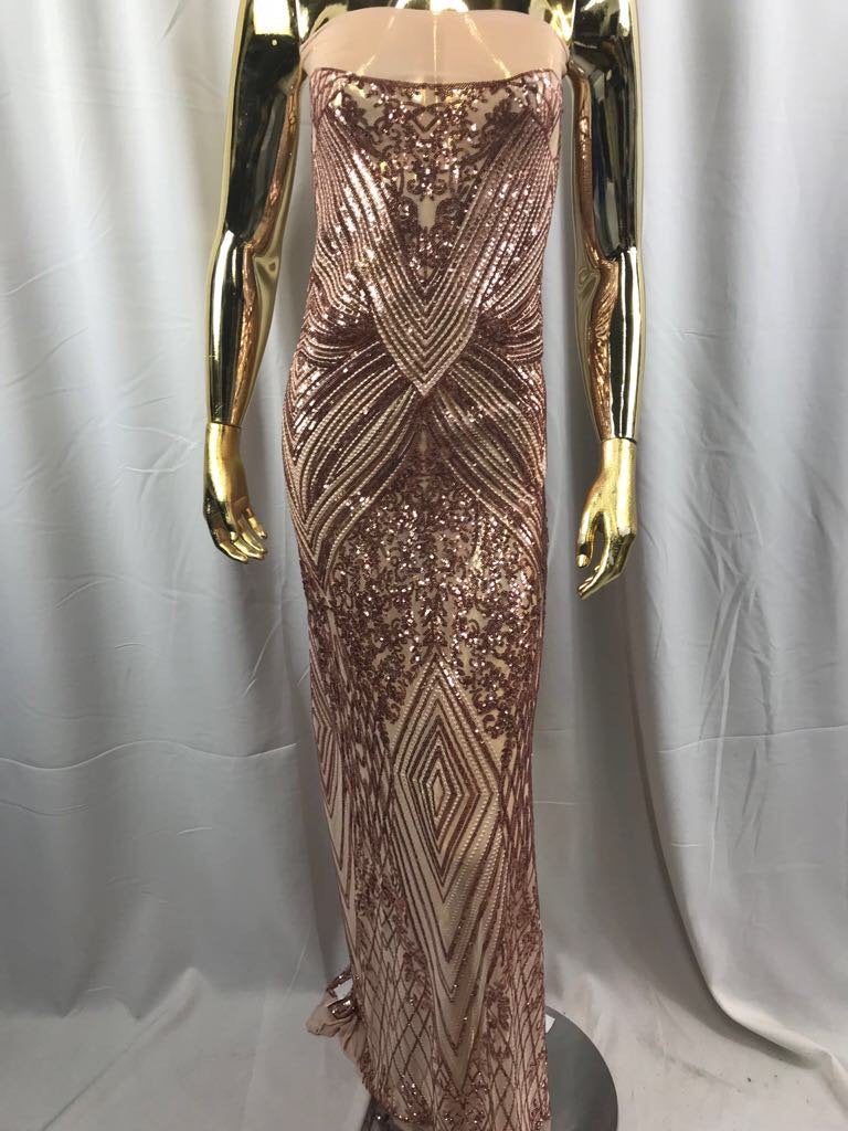 Rose gold geometric diamond design embroider with sequin on a 4 way stretch power mesh-sold by yard