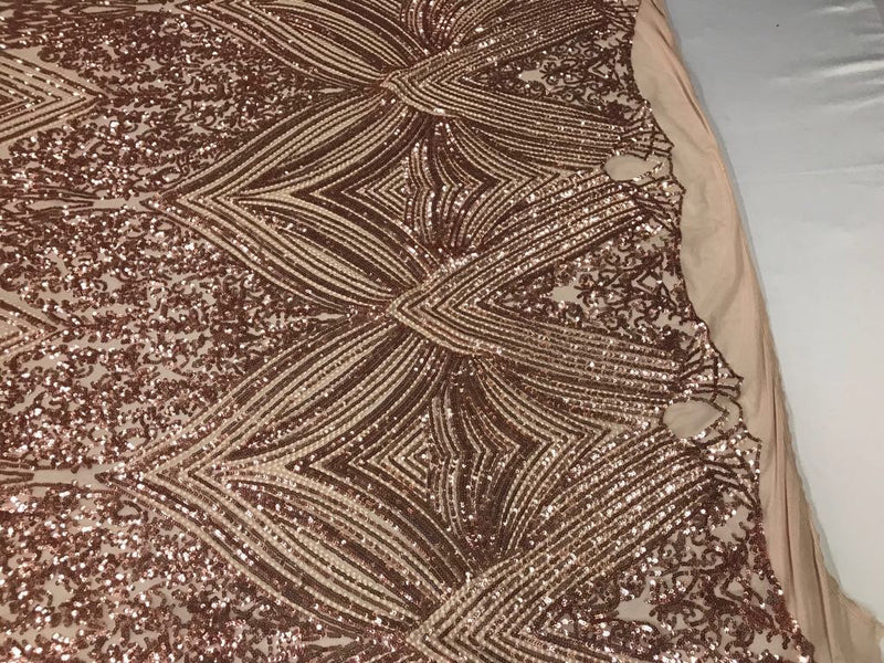 Rose gold geometric diamond design embroider with sequin on a 4 way stretch power mesh-sold by yard