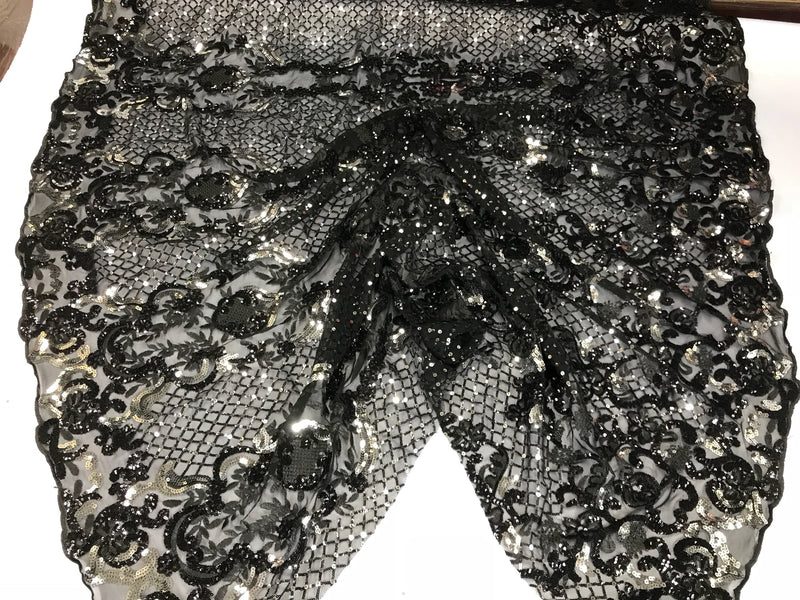 Black-shiny silver damask design embroider with sequins on a mesh lace-dresses-fashion-decorations-apparel-prom-nightgown-sold by yard.