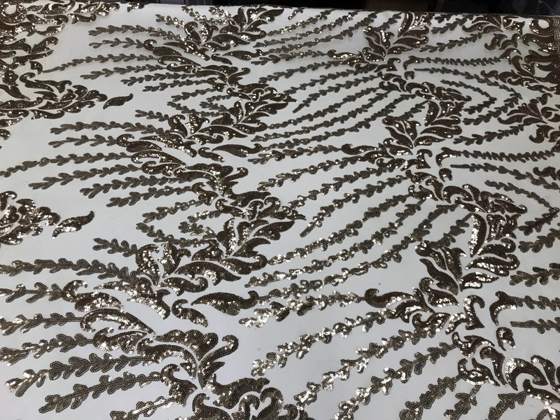 Gold 4 way Stretch power mesh lace embroidered with shiny sequins-dresses-fashion-prom-nightgown-apparel-decorations-sold by the yard.