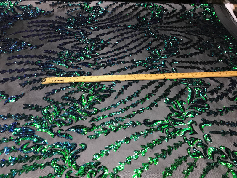 Black 4 way Stretch power mesh lace embroidered with green iridescent sequins-dresses-fashion-apparel-prom-nightgown-sold by the yard.