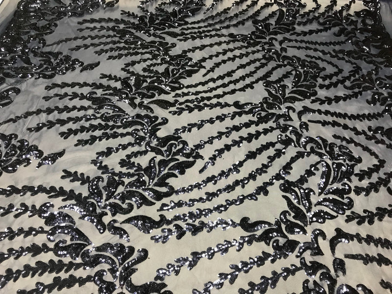 Navy blue 4 way Stretch power mesh lace embroidered with shiny sequins-dresses-apparel-prom-nightgown-decorations-sold by the yard.