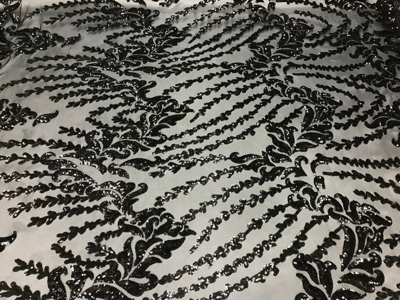 Black 4 way Stretch power mesh lace embroidered with shiny sequins-dresses-fashion-apparel-prom-nightgown-decorations-sold by the yard.