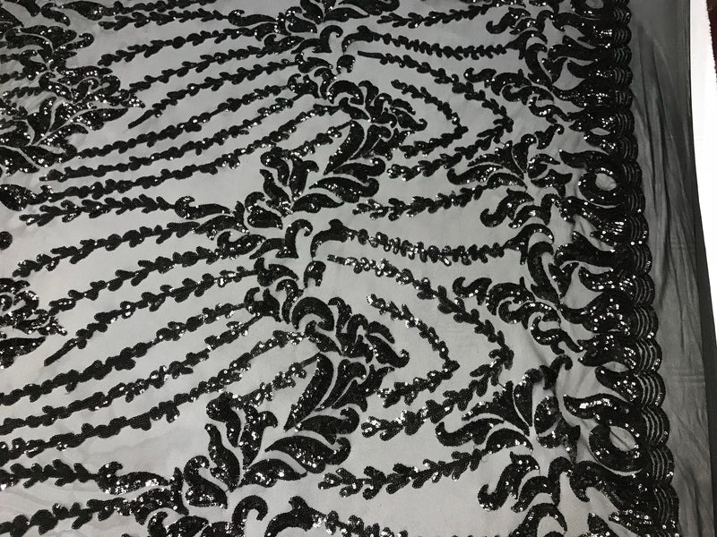 Black 4 way Stretch power mesh lace embroidered with shiny sequins-dresses-fashion-apparel-prom-nightgown-decorations-sold by the yard.