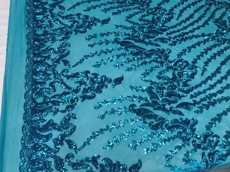 Turquoise 4 way Stretch power mesh lace embroidered with shiny sequins-sold by the yard.