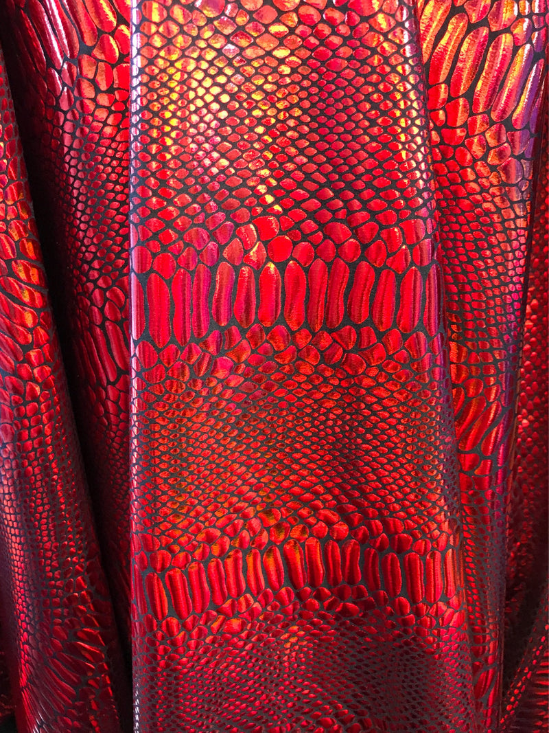 Red iridescent snake skin print on a 2 way stretch nylon spandex-skirts-leggings-dresses-decorations-nightgown-sold by the yard.