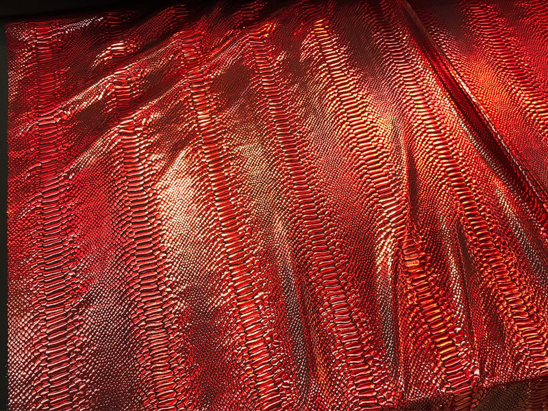 Red iridescent snake skin print on a 2 way stretch nylon spandex-skirts-leggings-dresses-decorations-nightgown-sold by the yard.