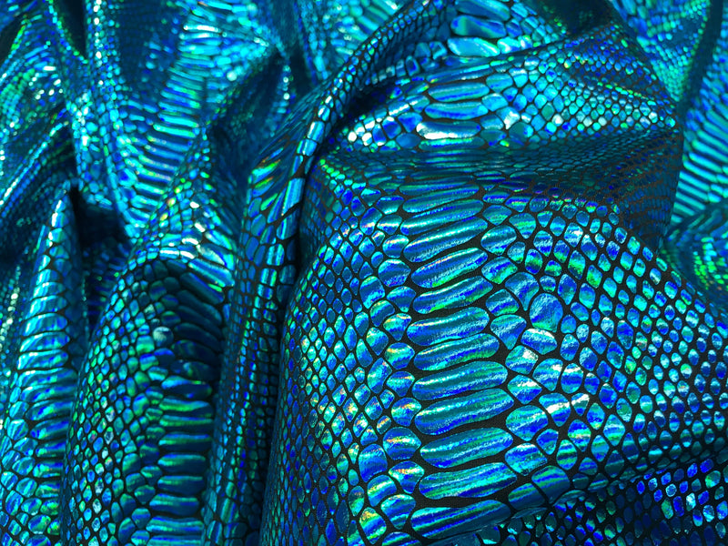 Turquoise iridescent snake skin print 2 way Stretch nylon spandex Lycra-dresses-skirts-fashion-leggings-nightgown-sold by yard.