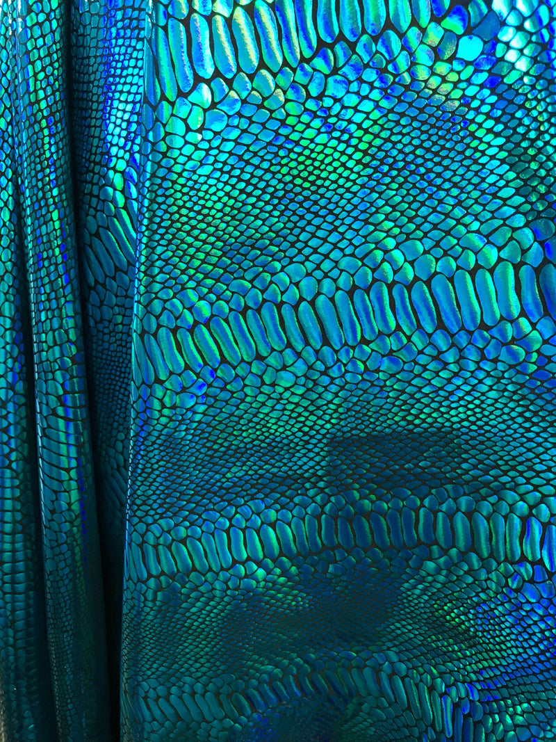 Turquoise iridescent snake skin print 2 way Stretch nylon spandex Lycra-dresses-skirts-fashion-leggings-nightgown-sold by yard.