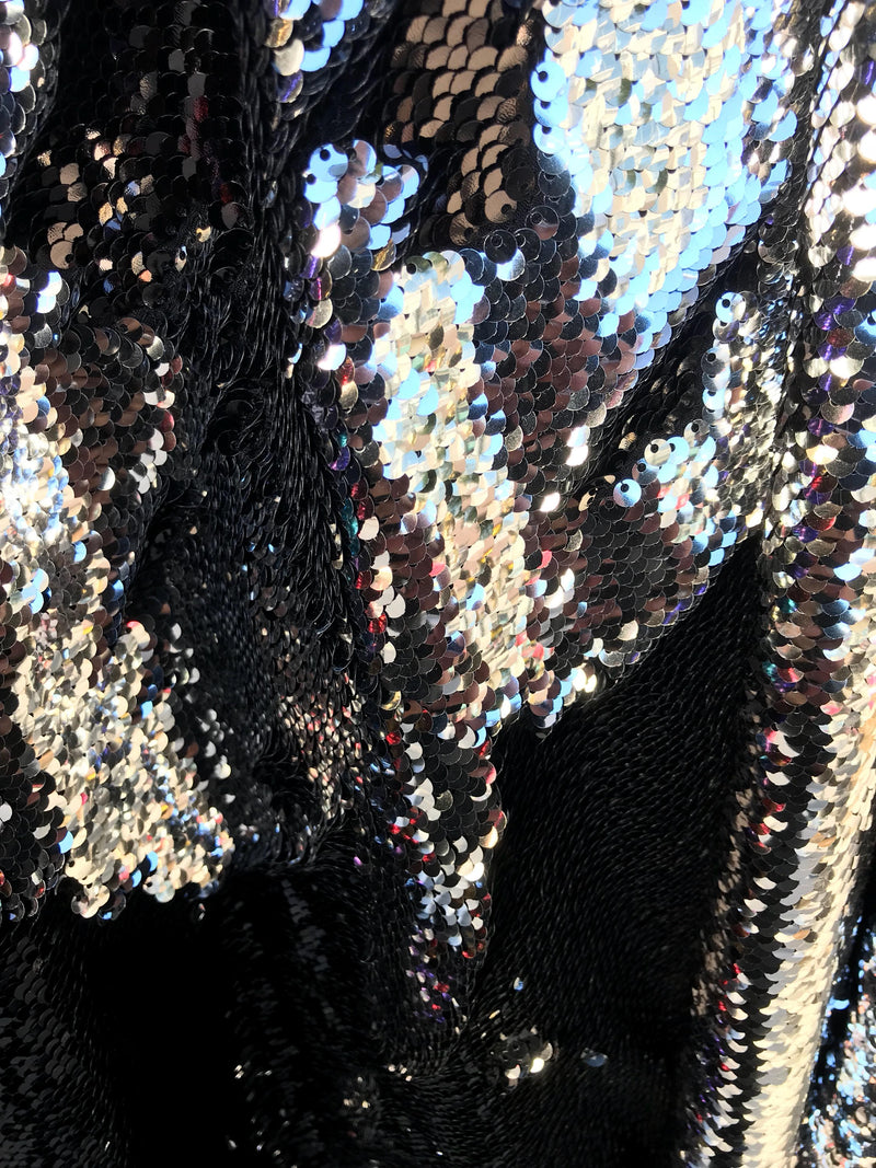 Black-silver shiny flip sequins-mermaid fish scale sequins on a 2 way stretch spandex-dresses-fashion-apparel-pillow-sold by the yard.