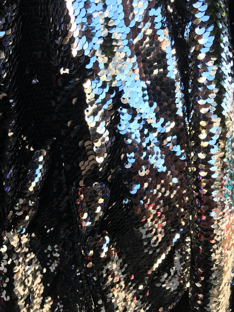 Black-silver shiny flip sequins-mermaid fish scale sequins on a 2 way stretch spandex-dresses-fashion-apparel-pillow-sold by the yard.