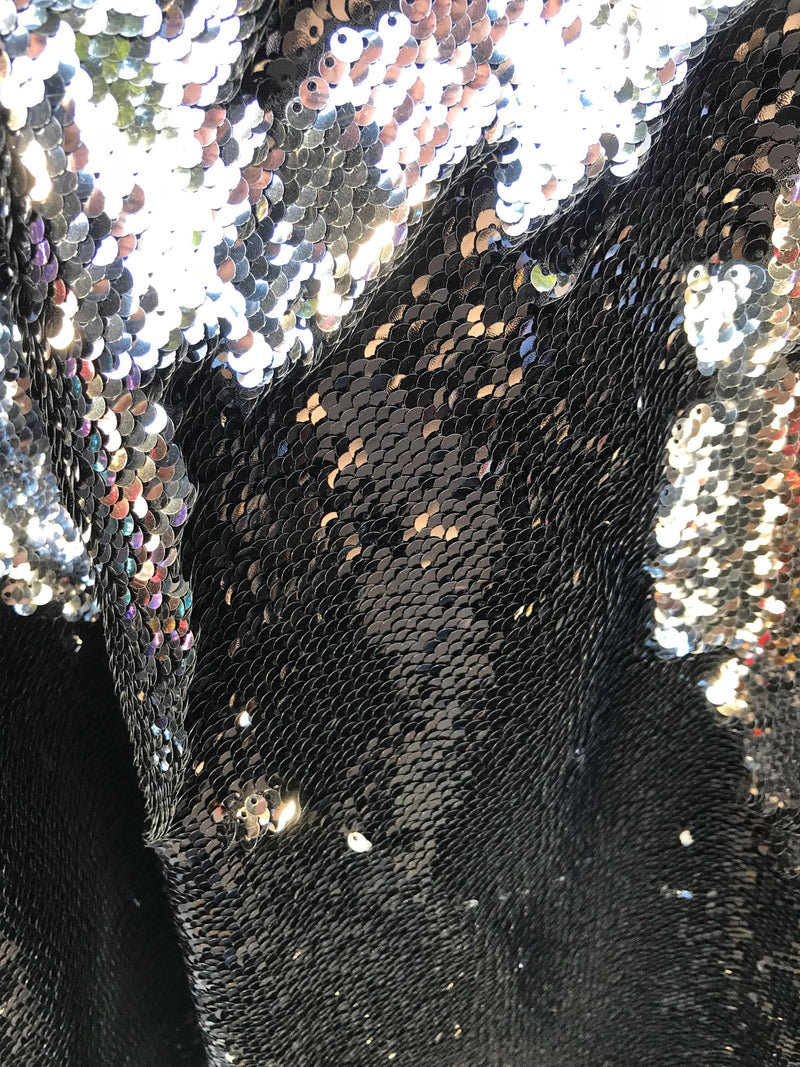 Black-silver shiny flip sequins-mermaid fish scale sequins on a 2 way stretch spandex-dresses-fashion-apparel-pillow-sold by the yard.