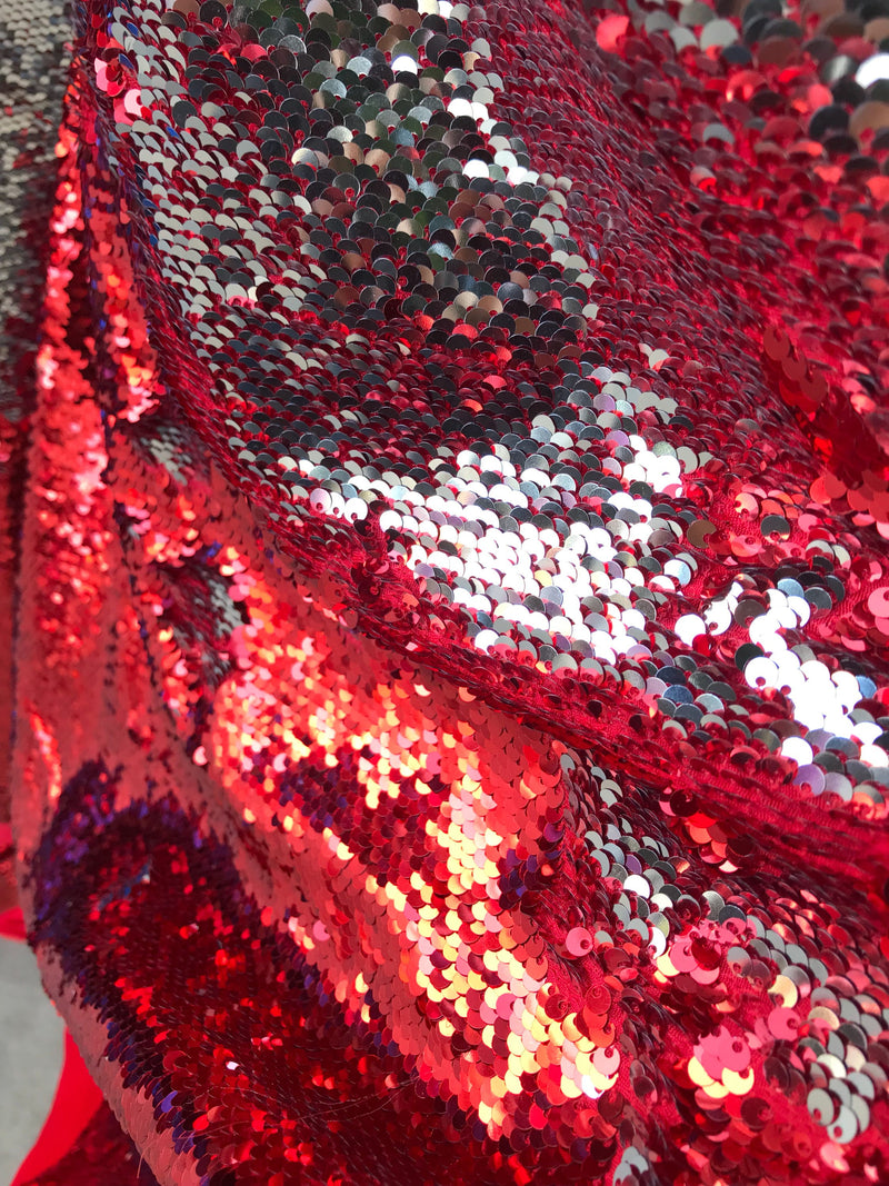 Red-silver shiny flip sequins-mermaid fish scales embroider on a 2 way stretch spandex-dresses-fashion-apparel-pillows-sold by the yard.