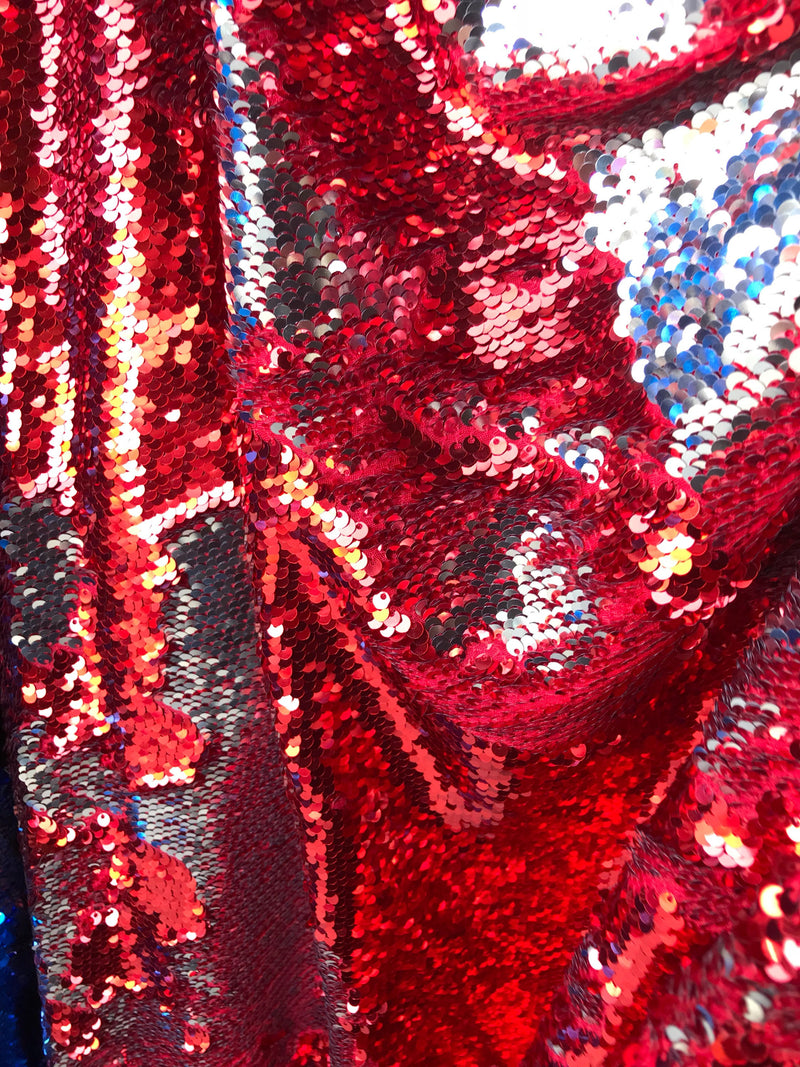 Red-silver shiny flip sequins-mermaid fish scales embroider on a 2 way stretch spandex-dresses-fashion-apparel-pillows-sold by the yard.