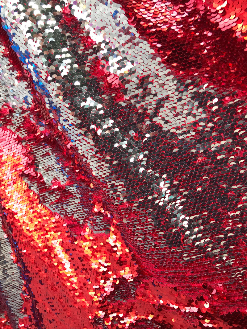 Red-silver shiny flip sequins-mermaid fish scales embroider on a 2 way stretch spandex-dresses-fashion-apparel-pillows-sold by the yard.