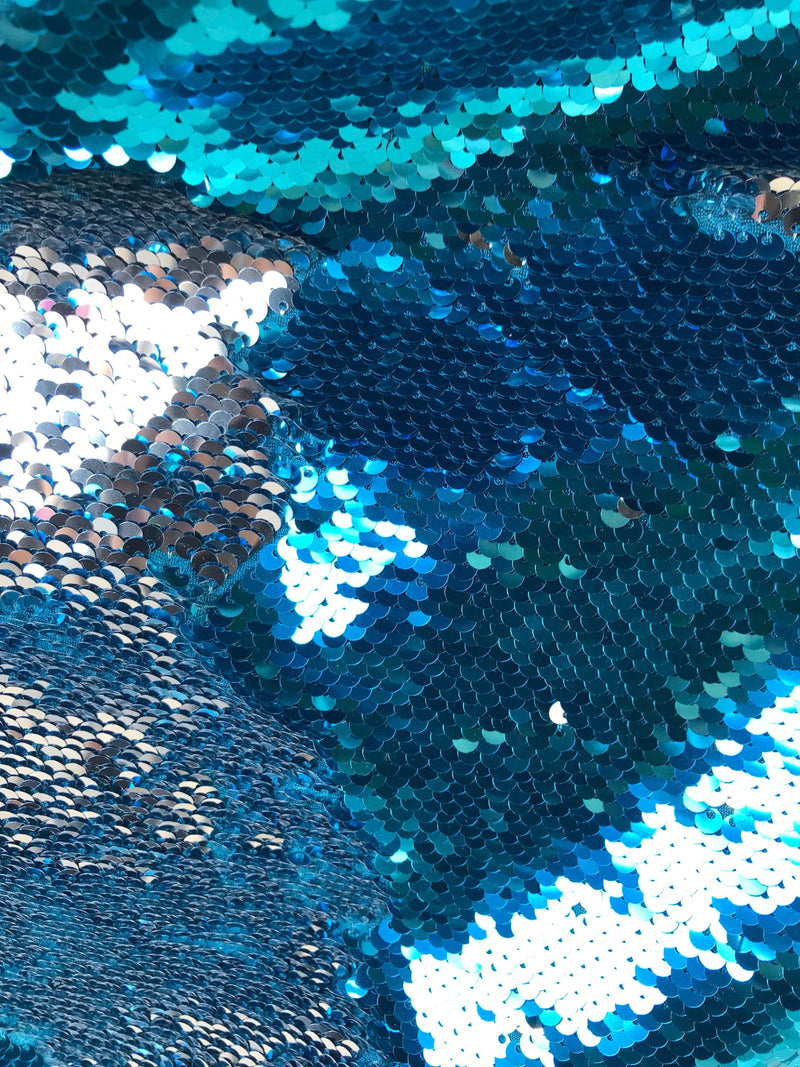 Teal blue-silver shiny flip sequins-mermaid fish scales embroider on a 2 way stretch spandex-dresses-fashion-apparel-pillows-sold by yard.