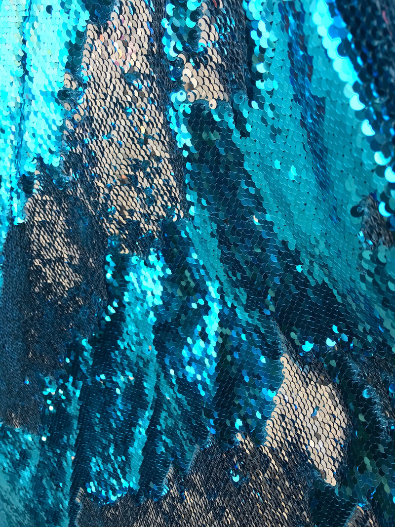 Teal blue-silver shiny flip sequins-mermaid fish scales embroider on a 2 way stretch spandex-dresses-fashion-apparel-pillows-sold by yard.