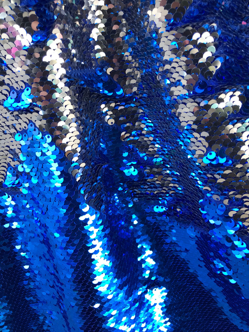 Royal blue-silver shiny flip sequins-mermaid fish scales embroider on a 2 way stretch spandex-dresses-fashion-apparel-pillows-sold by yard.