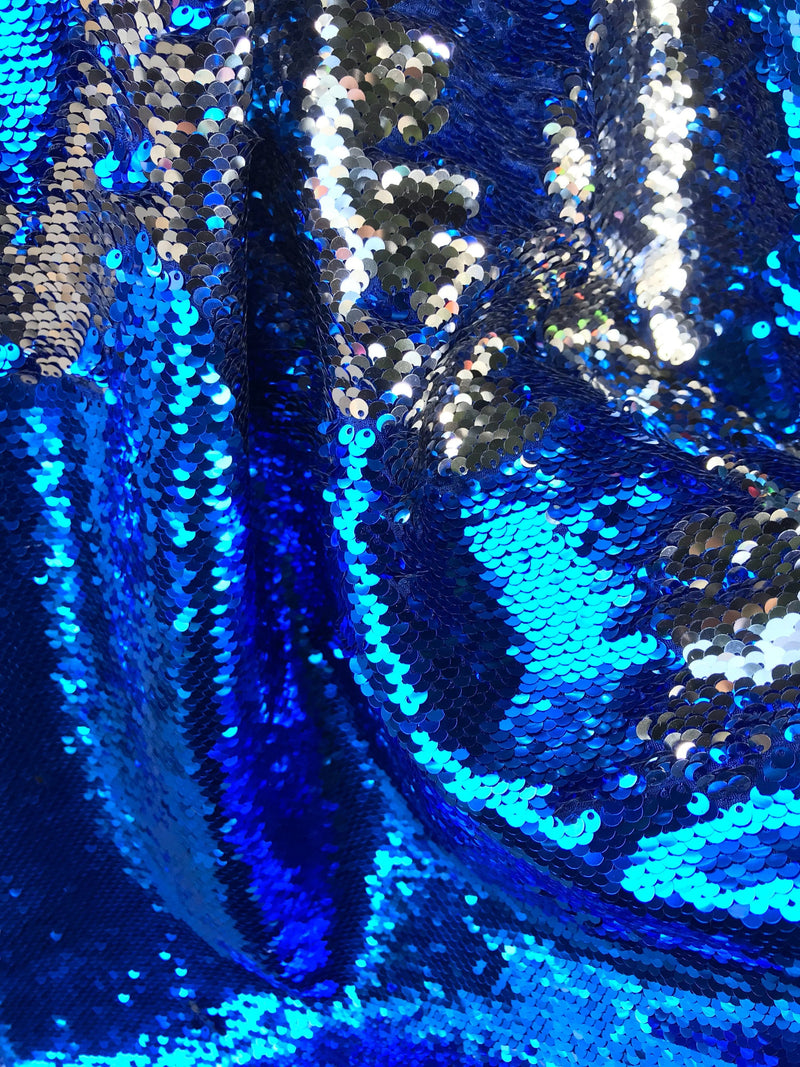 Royal blue-silver shiny flip sequins-mermaid fish scales embroider on a 2 way stretch spandex-dresses-fashion-apparel-pillows-sold by yard.