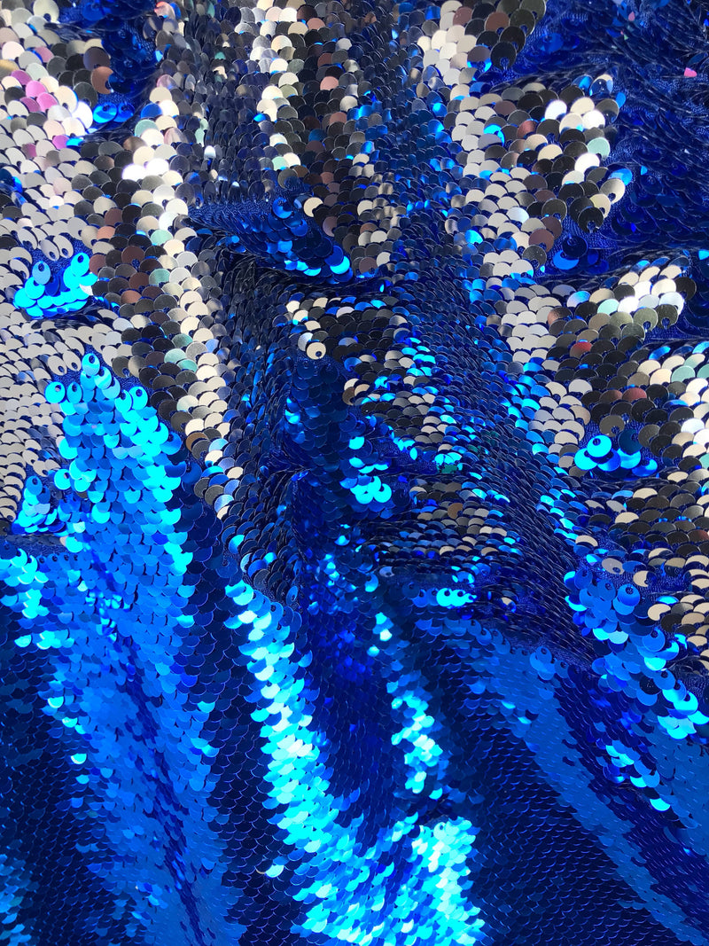 Royal blue-silver shiny flip sequins-mermaid fish scales embroider on a 2 way stretch spandex-dresses-fashion-apparel-pillows-sold by yard.