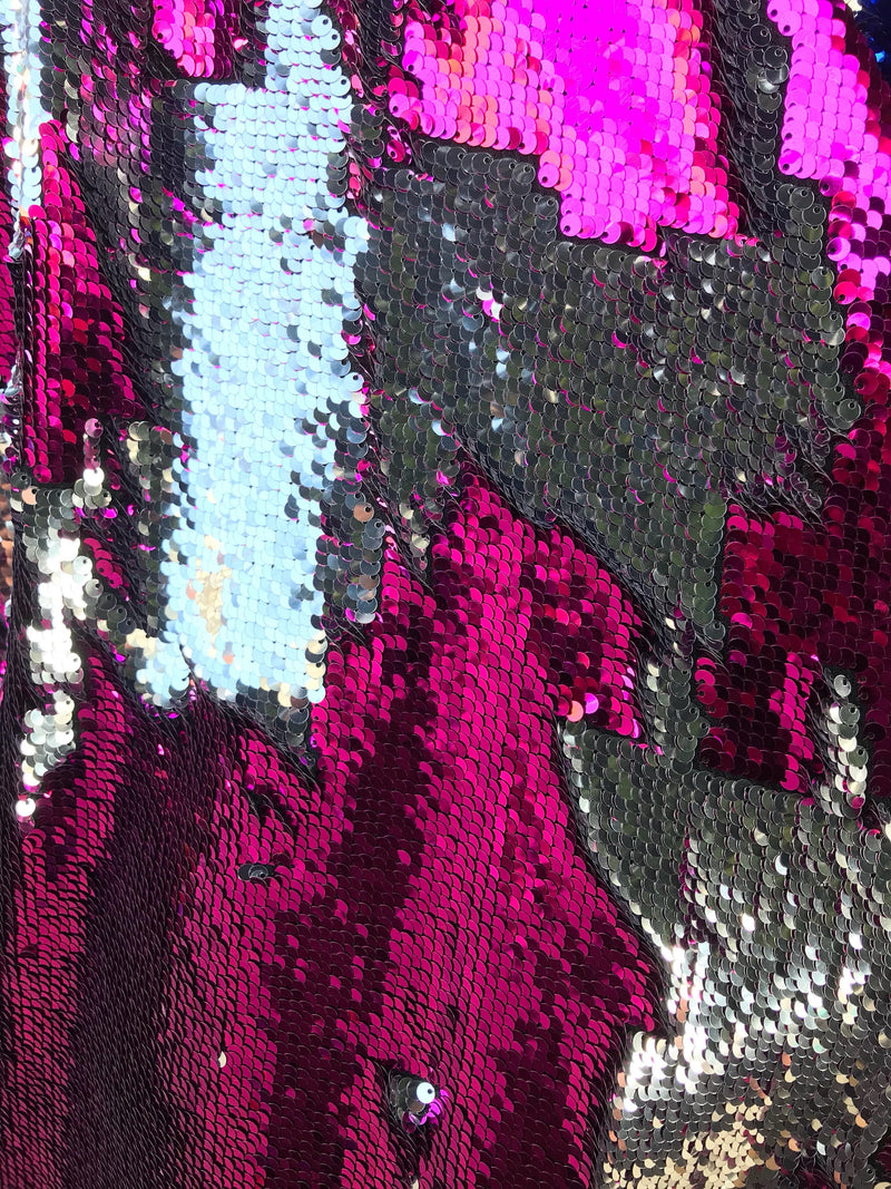 Fuchsia-silver shiny flip sequins-mermaid fish scales embroider on a 2 way stretch spandex-dresses-fashion-apparel-pillows-sold by yard.