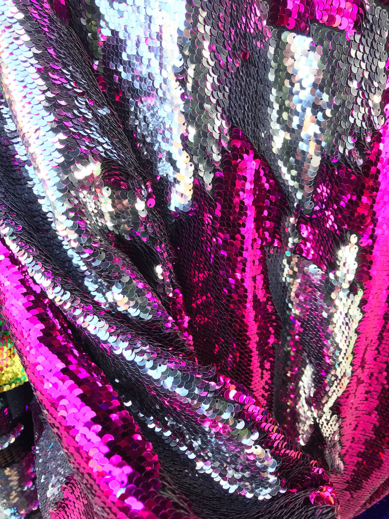 Fuchsia-silver shiny flip sequins-mermaid fish scales embroider on a 2 way stretch spandex-dresses-fashion-apparel-pillows-sold by yard.