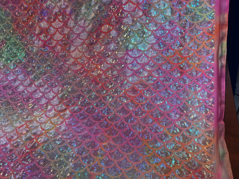 Pink tie dyed iridescent mermaid fish scales on a 2 way stretch nylon spandex-dragon scales-dresses-fashion-skirts-leggings-sold by the yard