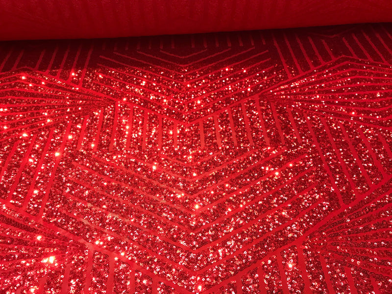 Red sequins geometric design embroider on a red 4 way Stretch power mesh-dresses-fashion-prom-apparel-nightgown-sold by the yard.