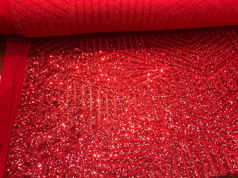 Red sequins geometric design embroider on a red 4 way Stretch power mesh-dresses-fashion-prom-apparel-nightgown-sold by the yard.