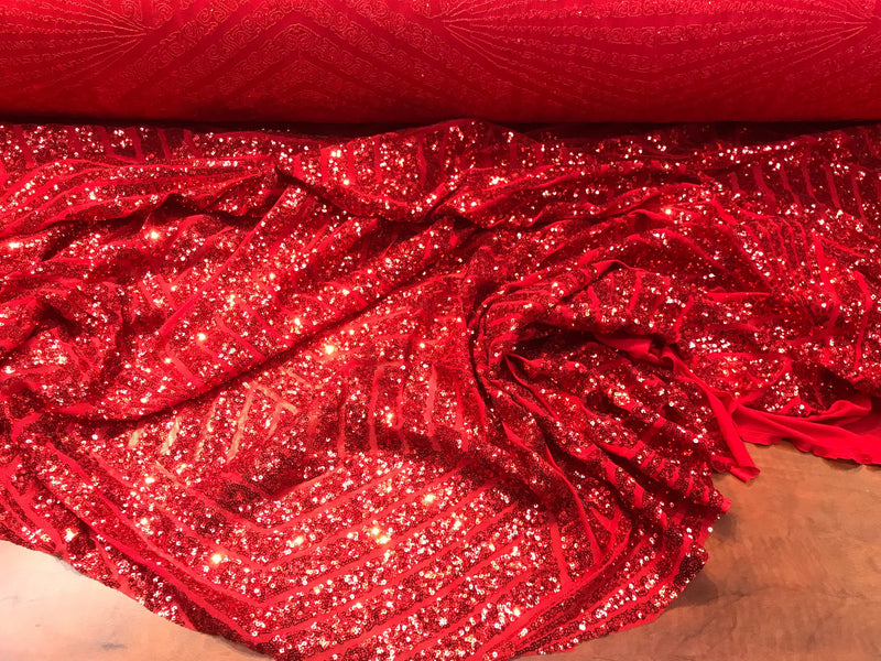 Red sequins geometric design embroider on a red 4 way Stretch power mesh-dresses-fashion-prom-apparel-nightgown-sold by the yard.