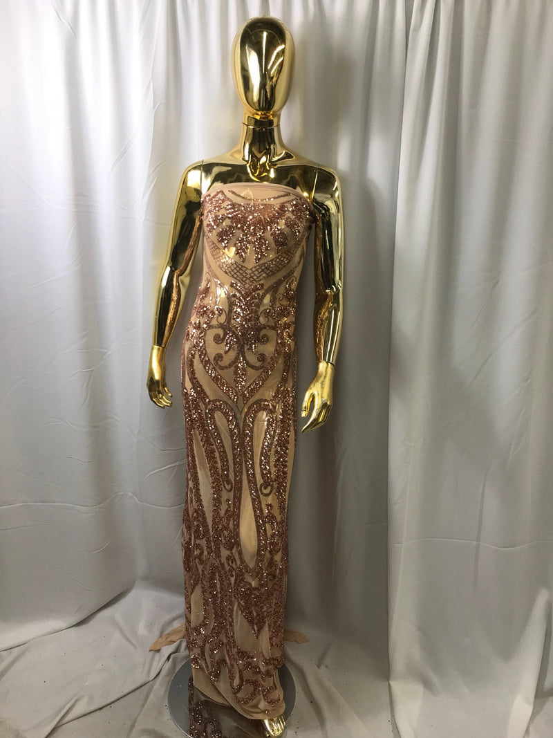 Rose gold diva design embroider with shiny sequins on a 4 way stretch power mesh-dresses-fashion-apparel-prom-nightgown-sold by the yard.