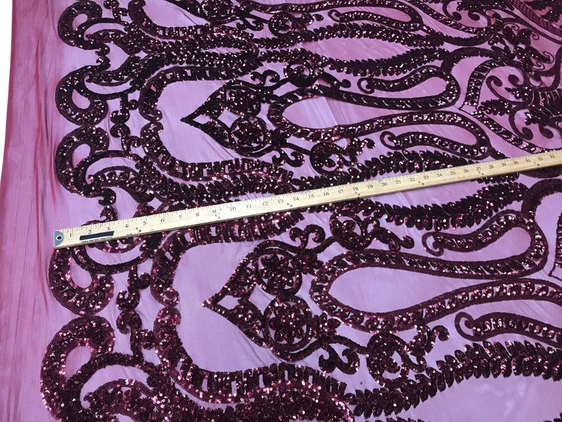 Burgundy diva design embroider with shiny sequins on a 4 way stretch power mesh-dresses-fashion-apparel-prom-nightgown-sold by the yard.