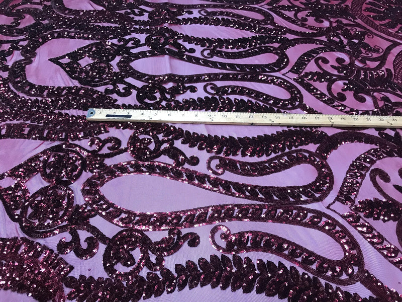 Burgundy diva design embroider with shiny sequins on a 4 way stretch power mesh-dresses-fashion-apparel-prom-nightgown-sold by the yard.