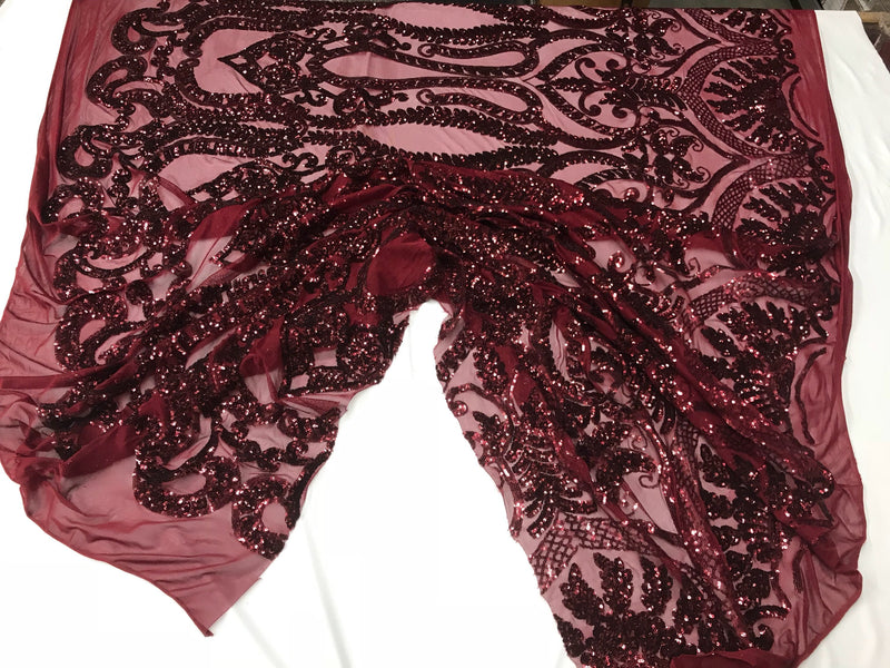 Burgundy diva design embroider with shiny sequins on a 4 way stretch power mesh-dresses-fashion-apparel-prom-nightgown-sold by the yard.