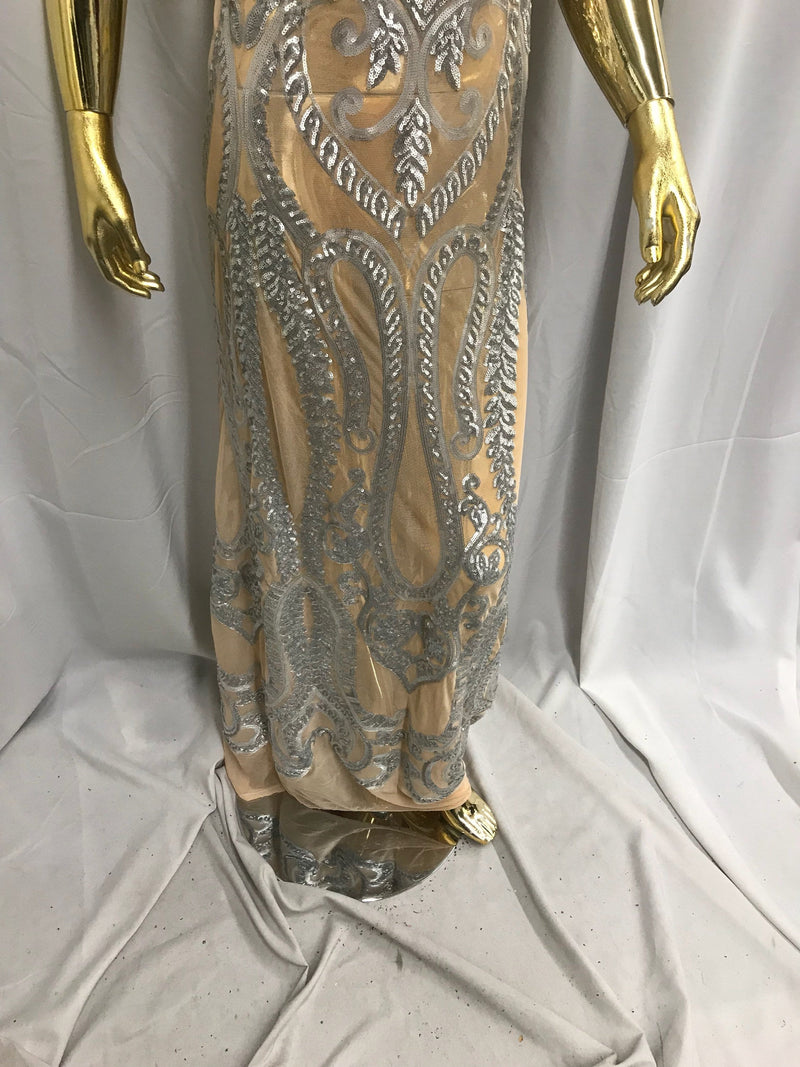 Gray diva design embroider with sequins on a nude 4 way stretch power mesh-dresses-fashion-apparel-prom-nightgown-sold by the yard.