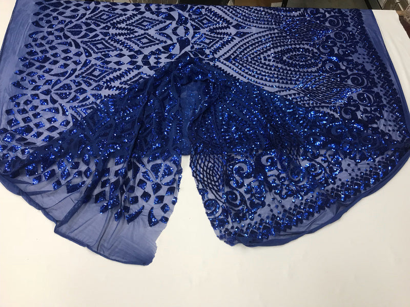 Royal blue geometric diamond design embroidery with sequins on a 4 way stretch mesh-dresses-prom-nightgown-fashion-sold by the yard.