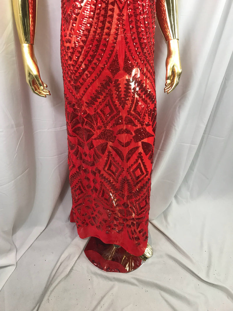 Red geometric diamond design embroidery with sequins on a 4 way stretch mesh-dresses-fashion-prom-nightgown-sold by the yard.