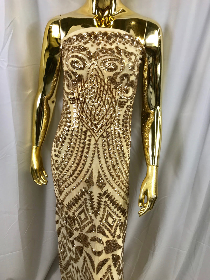 Gold geometric diamond design embroidery with sequins on a 4 way stretch mesh-dresses-prom-nightgown-fashion-sold by the yard.