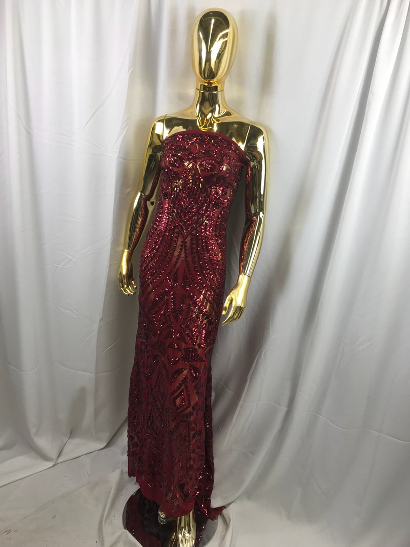 Burgundy geometric diamond design embroidery with sequins on a 4 way Stretch Mesh-dresses-prom-nightgown-sold by the yard.