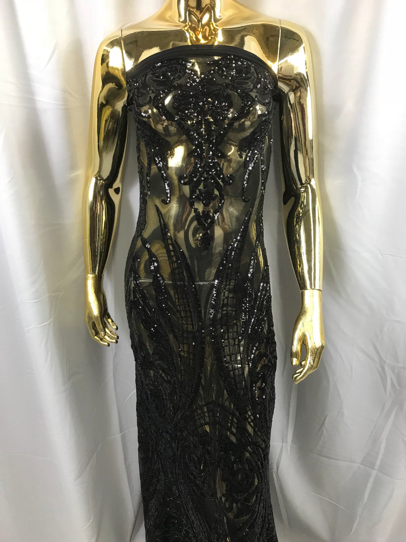 Black princess design embroidery with sequins on a 4 way Stretch Mesh-dresses-apparel-prom-nightgown-sold by the yard.