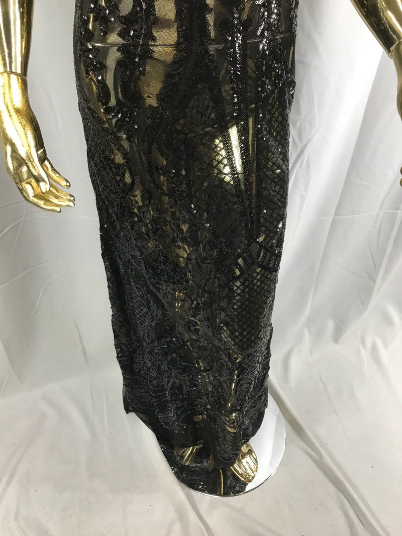 Black princess design embroider with shiny sequins on a 4 way stretch power mesh-dresess-prom-fashion-nightgown-apparel-sold by the yard.