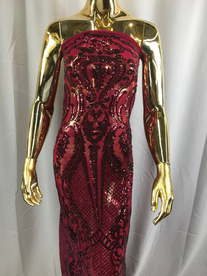 Burgundy princess design embroider with shiny sequins on a 4 way stretch power mesh-dresses-fashion-prom-nightgown-sold by the yard.