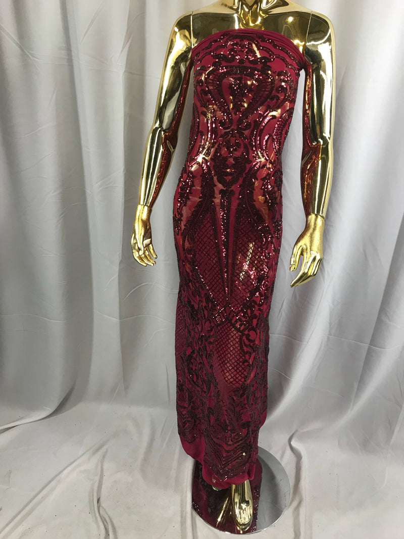 Burgundy princess design embroider with shiny sequins on a 4 way stretch power mesh-dresses-fashion-prom-nightgown-sold by the yard.